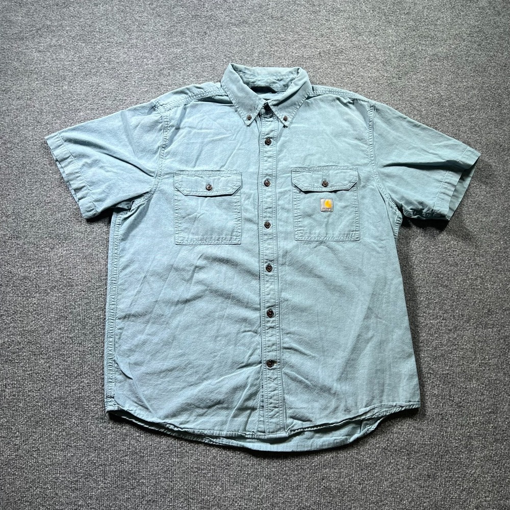 Carhartt Shirt Men Large Light Blue Loose Fit Chambray Button Front Short Sleeve